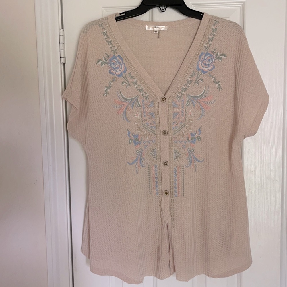 Embroidered Waffle-Knit Blouse